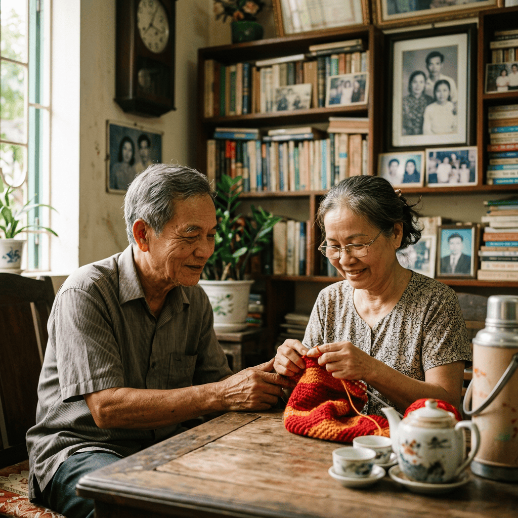 Older couple knitting together at a table in a family room